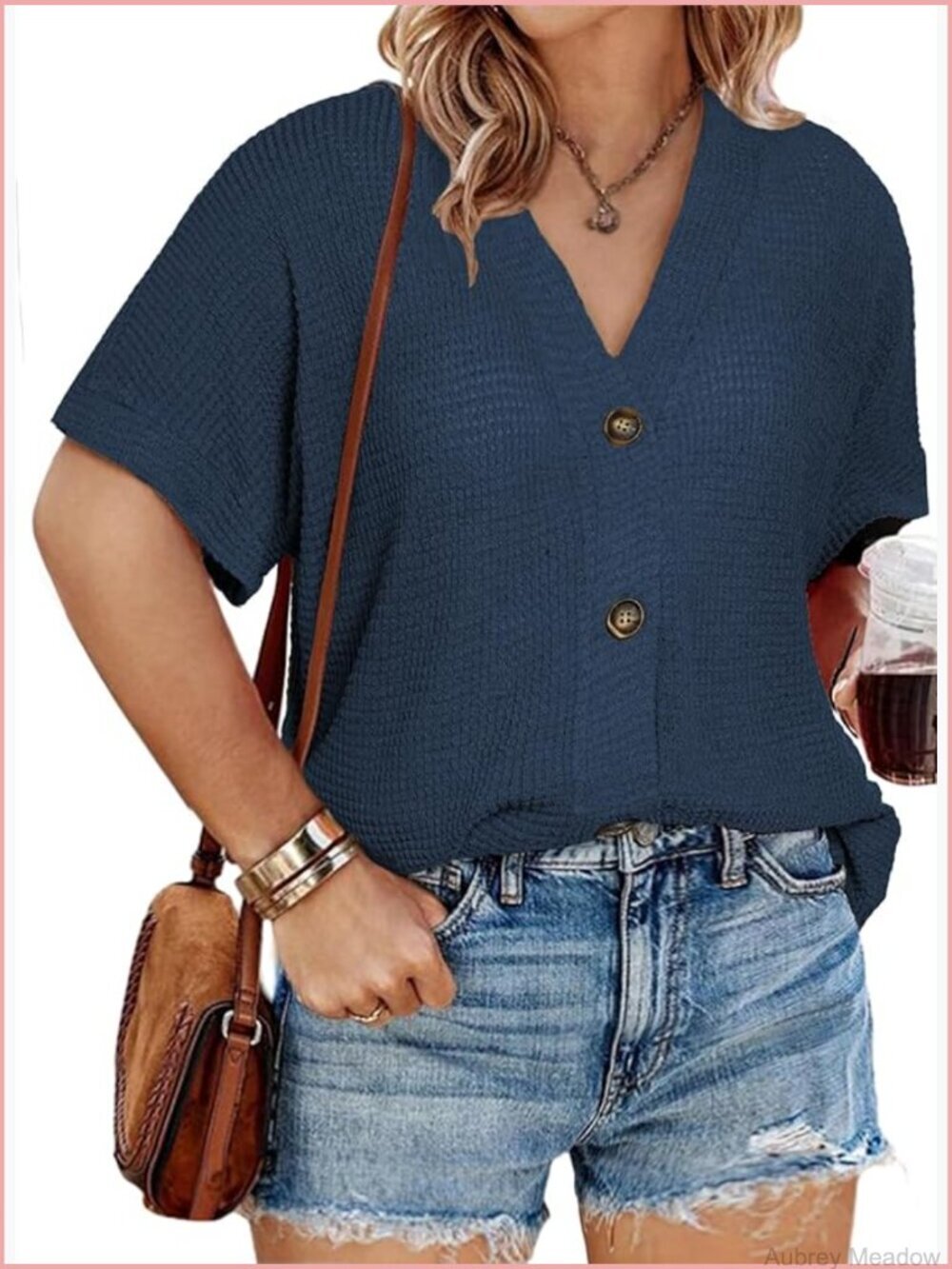 Plus Size V-Neck Waffle Knit Button Down Top Short Sleeve Casual Shirt 1X-5X